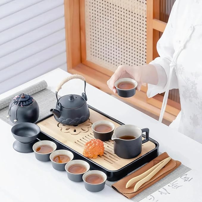 ICHAG Japanese & Chinese Tea Set, Adults' Portable Gongfu Tea Set with Teapet with Porcelain Teapot, 8oz Teapot,14-Piece 茶具 for Home/Outdoor/Office Gifts (Gray) - Bloomnest