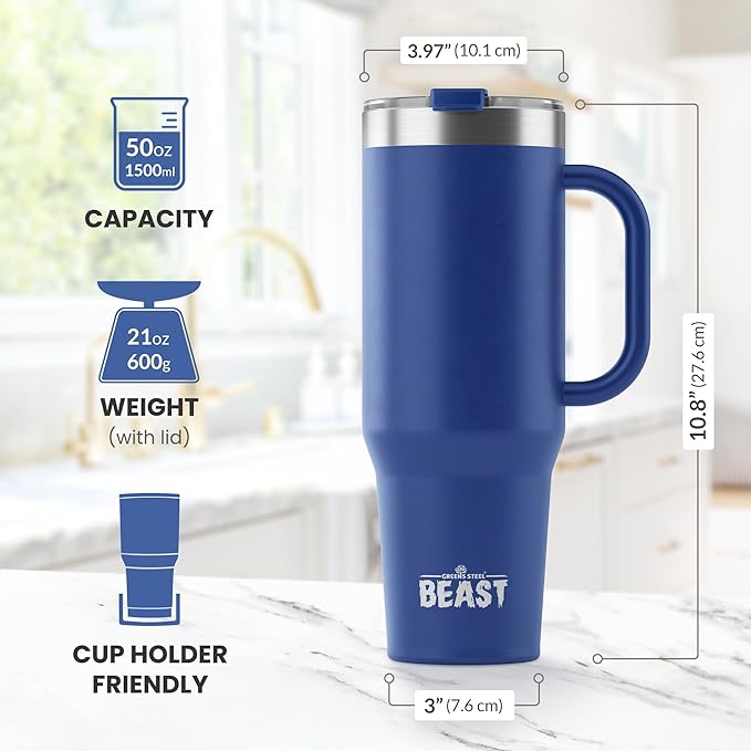 Beast 50 oz Tumbler Stainless Steel Vacuum Insulated Coffee Ice Cup Double Wall Travel Flask (Royal Blue) - Bloomnest