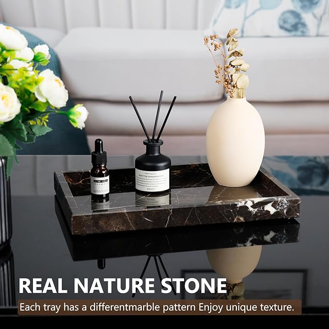 Real Natural Marble Tray for Bathroom, Vanity, Kitchen and Desktop, Rectangle Genuine Marble Stone Tray for Jewelry, Cosmetics, Candles, Lotion, Perfume and Home Decor Brown