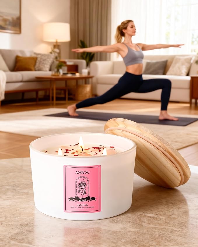 AOOVOO Rose Scented Candles for Women - 20oz 3 Wick Soy Candles for Home Scented, Aromatherapy Candle with Crystals Inside, Birthday Gifts Christmas Candle for Women Mom - Bloomnest