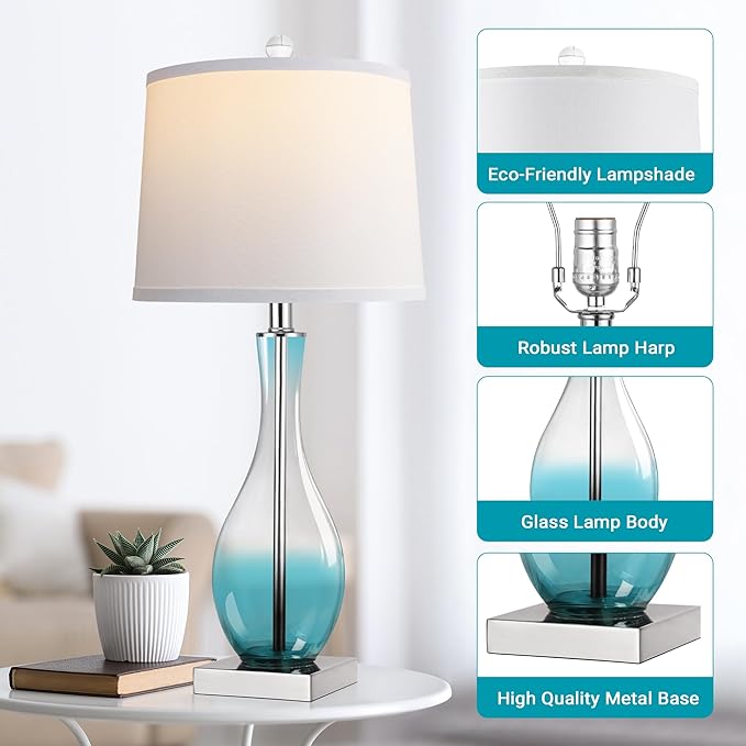 WIHTU Table Lamps Set of 2 with Touch Control, 27" Bedside Desk Lamps for Nightstand Decorations, 3-Way Dimmable Modern Glass Table lamp with USB C and A Charging Ports, Blue (LED Bulbs Included) - Bloomnest