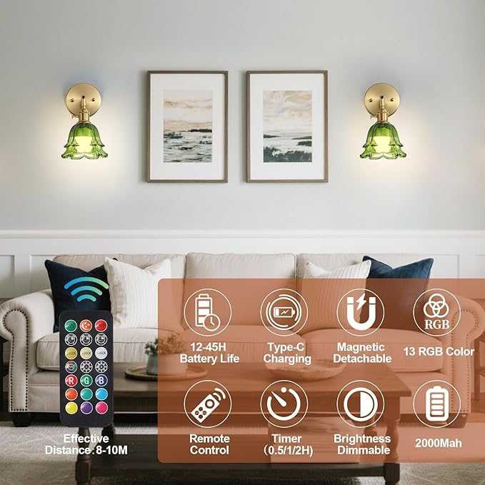 2 Pack Vintage Battery Operated Wall Sconces, Rose Green Lampshade & 180 Degree Adjustable, Wireless Rechargeable RGB Wall Light with Remote Control, for Bedroom Living Room Hallway Aisle - Bloomnest