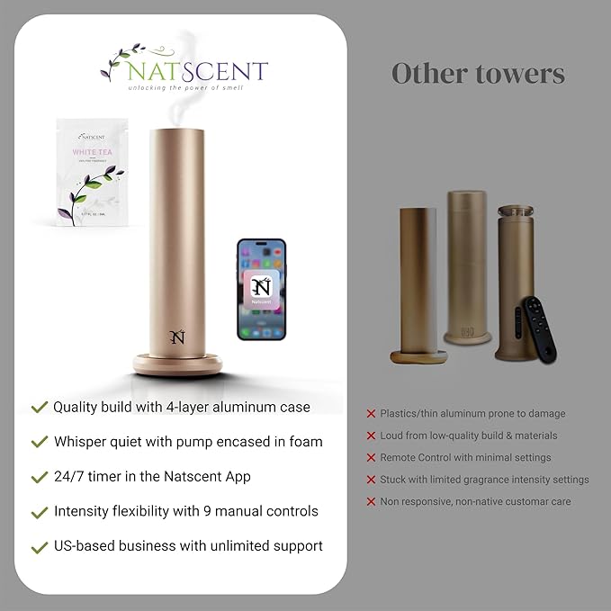 Dynamo Hotel Scent Diffuser – Cold-Air Essential Oil Diffuser for Home & Large Rooms up to 1000 sq ft, App & Manual Control, Hypoallergenic, Includes White Tea Fragrance Sample – Gold - Bloomnest