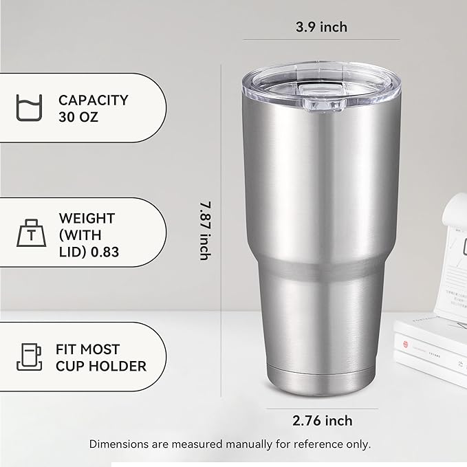 30 oz Tumbler with Lid Stainless Steel Tumblers Bulk Vacuum Insulated Cup Reusable Powder Coated Travel Mug Double Wall Leak Proof Cups Keep Cold Drinks for 12 Hours Stainless, Set of 4