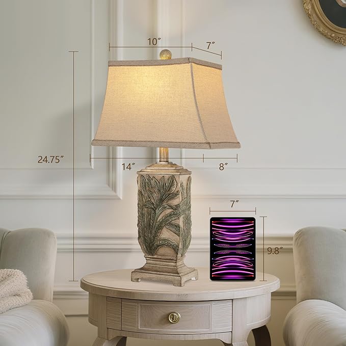 WIHTU 25" Vintage Table Lamps, 3 Color Temperature Rustic Retro Beside Lamp Set of 2, Farmhouse Resin Table Lamp for Living Room Bedroom Nightstands, Rotary Switch, Carved Leaf(2 Bulbs Included) - Bloomnest