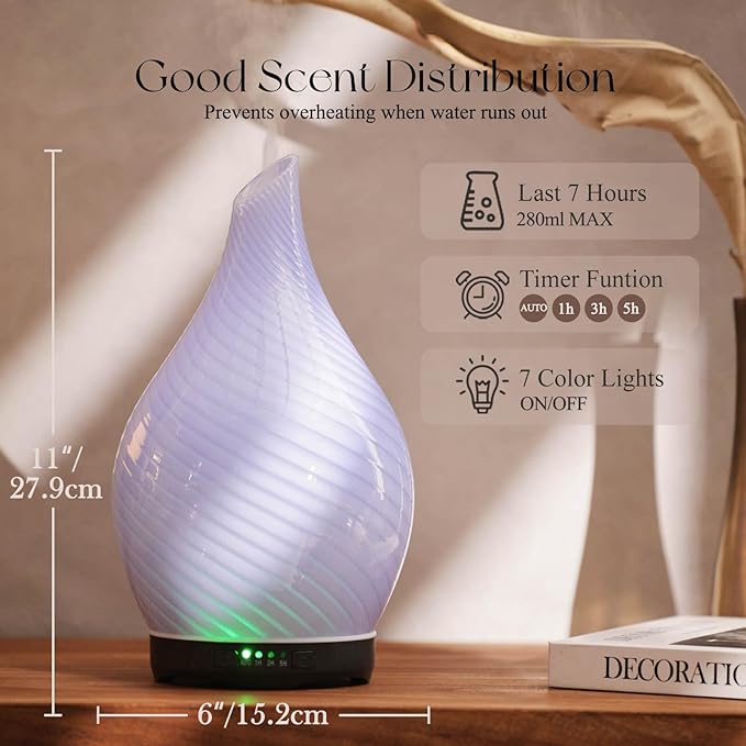 Porseme 280ml Essential Oil Diffuser Glass Color Changing Aroma Air Diffusers Aromatherapy Ultrasonic Cool Mist Humidifier 7 Running Hours Waterless Auto-Off for Sleeping, Yoga, Spa (Pure Purple) - Bloomnest