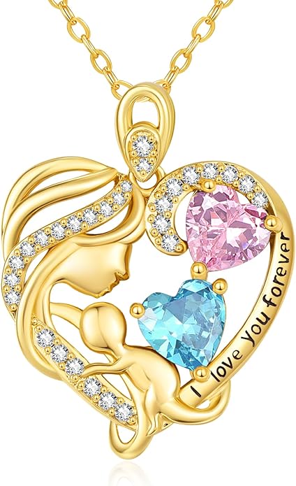 14K Gold Double Birthstone Heart Necklace for Women Mom, Mother Son/Daughter Pendant Necklace for Christmas Mother's Day Birthday Gifts for Wife Daughter Grandmom - Bloomnest