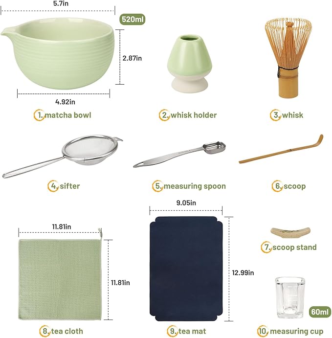 Matcha Whisk Set, Matcha Kit 10-Pcs, Bamboo Whisk and Ceramic Bowl with Spout & Measuring Spoon & Cup, Japanese Ceremony Matcha Tea Making Tools - Bloomnest