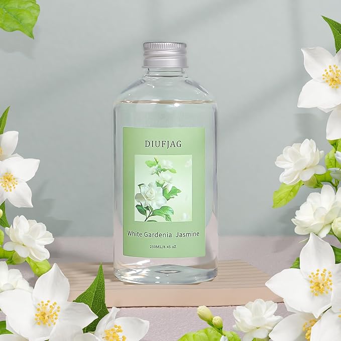 White Gardenia Jasmine Diffuser with 20 Black Fiber Sticks, 6.7 oz Diffusers for Home Essentials Bathroom,Last up to 60 Days - Bloomnest