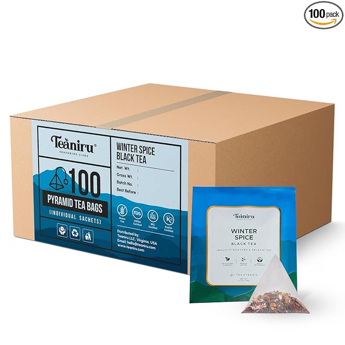 Teaniru, Winter Spice Tea - 100 Pyramid Tea Bags, Individual Sachets | Sleepytime | Black Tea with Spices - Cinnamon, Cardamom & Ginger | Pure Leaf Tea - Brew Hot or Cold - Bloomnest