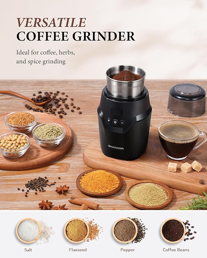 SHARDOR Adjustable Coffee Grinder Electric, Super Silent Electric Coffee Bean Grinder with Time-Memory Adjustment and Multi-Functional Stainless Steel Cup for Spices, Herbs, and Nuts Grinding, Gray - Bloomnest