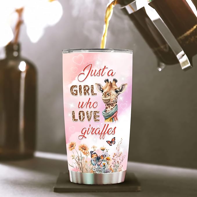 WAZONE Personalized Tumbler Just A Girl Who Loves Giraffes Flower Cute Animal Insulated Stainless Steel Giraffe Coffee Cup Travel Mug With Lid Custom Name 20oz 30oz Birthday Gifts For Girls - Bloomnest