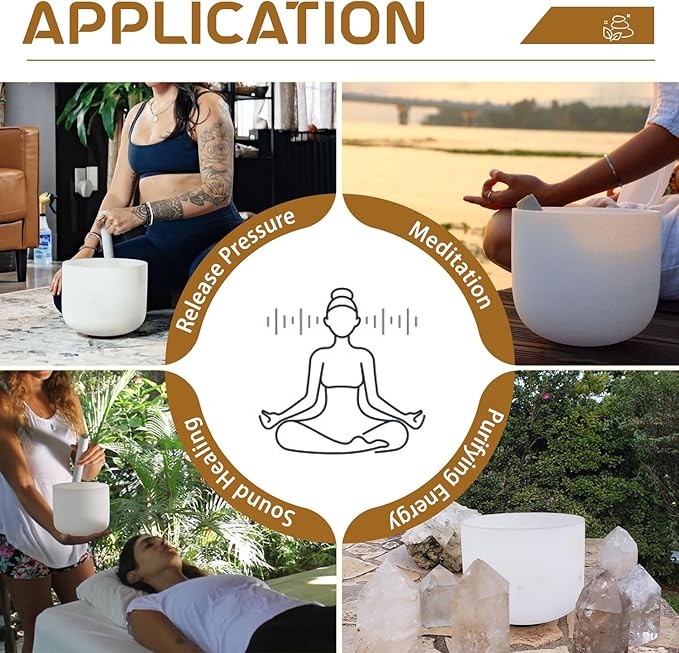 432HZ 7 Inch F Note Heart Chakra Frosted Quartz Crystal Singing Bowl Meditation Therapy Sound Healing Bowl with Mallet O-ring and White Carry Bag - Bloomnest