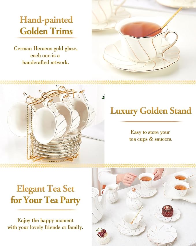 DUJUST 22 pcs White Porcelain Tea Set for 6, Luxury British Style Tea/Coffee Cup Set with Golden Trim, Beautiful Tea Set for Women, Tea Party Set, Gift Package (With a Stand) - Bloomnest