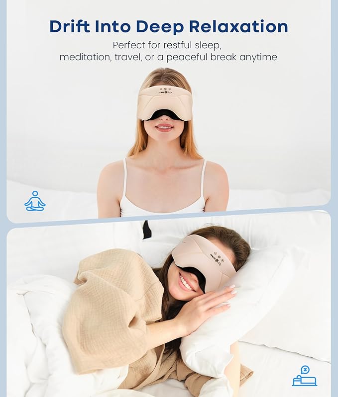 MUSICOZY Bluetooth Sleep Headphones 5.4, Wireless Over-Ear Headphones with Built-in HD Stereo Speakers, Cooling Eye Mask Design, 14H Playtime, Washable, for Side Sleepers, Travel & Relaxation - Bloomnest