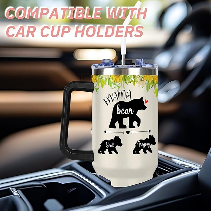 Personalized Mama Bear Tumbler with Kids' Names, Custom 40oz Tumblers with Handle and Straw Lid, Mothers Day Birthday Gifts From Daughter Son, Stainless Steel Travel Coffee Mug, Gifts for Christmas - Bloomnest