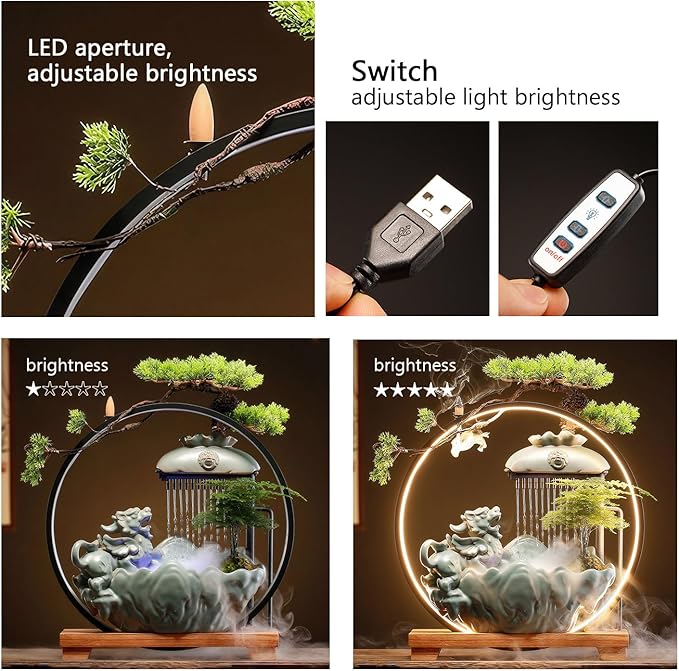 Waterfall Fountain Indoor with Mist, Tabletop Water Fountain,Desk Chinese Ceramic Pixiu Statue with LED Light Ring and Backflow Incense Burner Holder - Bloomnest