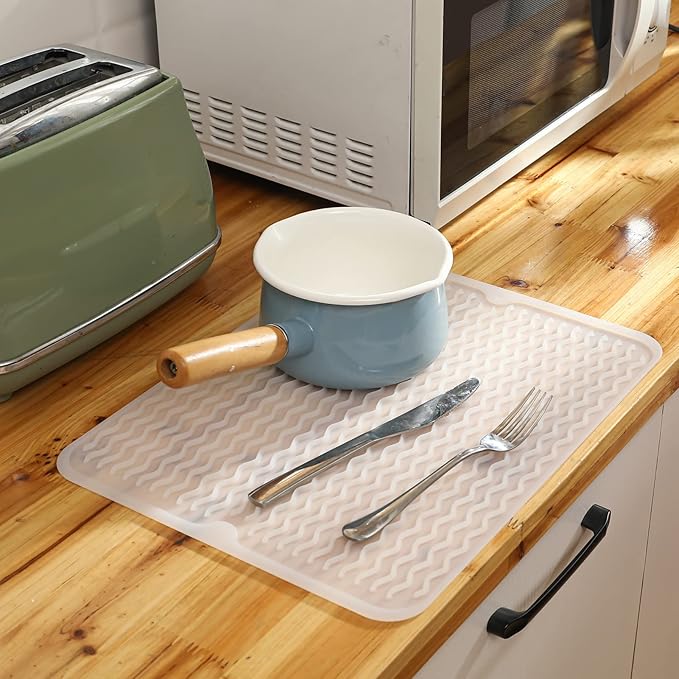 Silicone Dish Drying Mat for Multiple Usage,Easy clean,Eco-friendly,Heat-resistant Silicone Mat for Kitchen Counter or Sink,Refrigerator or drawer liner Translucent L 16 inches x 12 inches - Bloomnest
