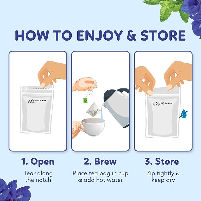 Indochine Blends Cooling Tea | Oolong, Artichoke, Butterfly Pea & Peppermint | Sugar-Free, Caffeine-Free Herbal Tea | Vibrant Blue | Herbal Tea for Relaxation | 4.4 oz | 50 Corn-Fiber Pyramid Bags - Bloomnest