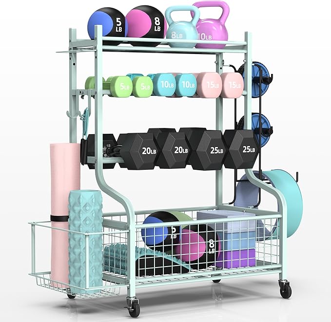 PLKOW Dumbbell Rack, Weight Rack for Dumbbells, Home Gym Storage for Dumbbells Kettlebells Yoga Mat and Balls, All in One Workout Storage with Wheels and Hooks, Powder Coated Finish Steel - Bloomnest