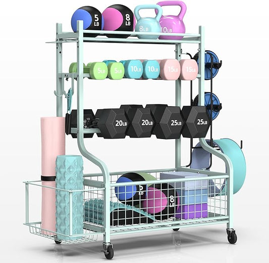 PLKOW Dumbbell Rack, Weight Rack for Dumbbells, Home Gym Storage for Dumbbells Kettlebells Yoga Mat and Balls, All in One Workout Storage with Wheels and Hooks, Powder Coated Finish Steel - Bloomnest