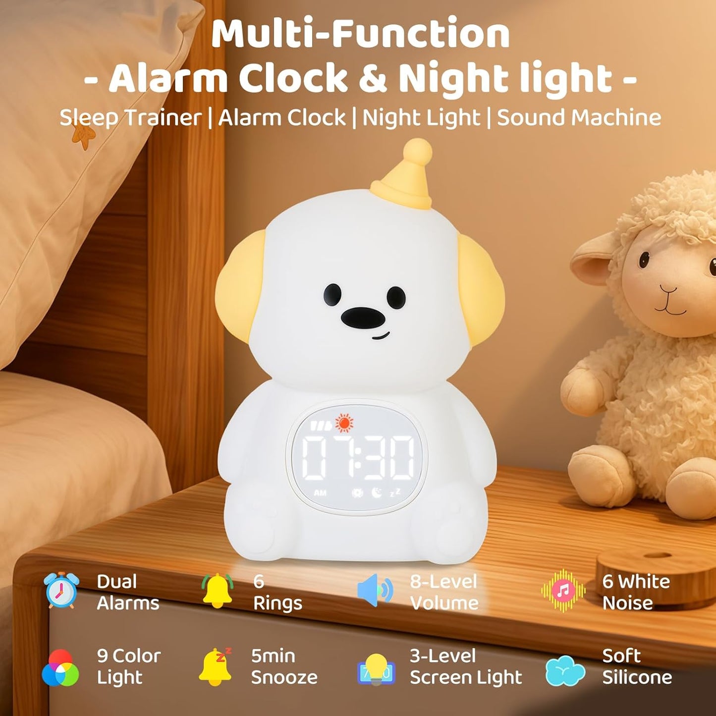 Dog Alarm Clock with Night Light for Kids with Sleep Training and Sound Machine, Rechargeable Silicone Lamp OK to Wake Clock，Cute Animal Tabletop Lamp, Perfect Sleep Companion for Boys Girls