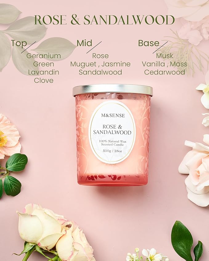 M&SENSE Rose Sandalwood Scented Candle, Cracking Wooden Wick Soy Wax, 18oz 100 Hours Long Lasting Clean Burn, Large Jar Candles for Home Decor, Non-Toxic Relaxing Aromatherapy Gifts for Women - Bloomnest