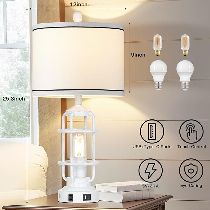 Farmhouse Lamps Set of 2, White Vintage Rustic Industrial Lamps with USB A+C Charging Ports & AC Outlet, 3 Way Dimmable Touch Control Table Lamp with LED Night Light for Living Room Bedrooms Office - Bloomnest