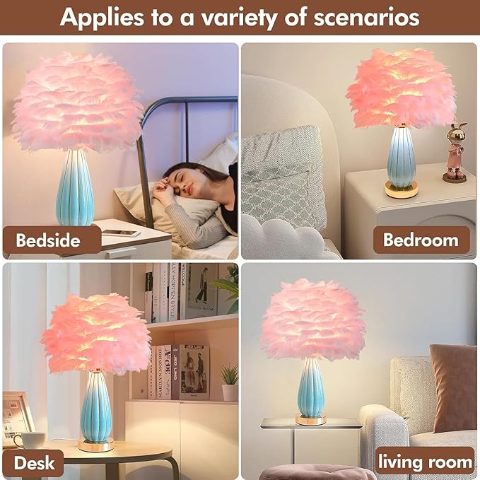Pink Feather Table Lamp Creative Bedside Feather Lamp Simple Goose Furry Nightstand Light Fluffy Desk Lighting for Girl Bedroom Living Room Decoration Wedding Romantic Atmosphere - Bloomnest