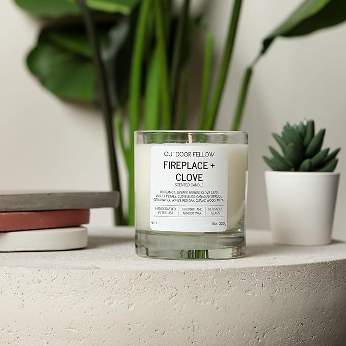 Outdoor Fellow Fireplace and Clove Scented Candle, 8oz, Coconut & Apricot Wax Blend, Bergamot, Clove Buds, Cedarwood, Reusable Glass, 40-50 Hour Burn Time - Bloomnest