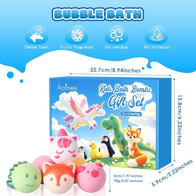 Aofmee Bath Bombs for Kids, 12 Pcs Kids Bath Bombs with Essential Oil, 6 Animal Shapes and Fruity Aroma, Natural Organic Spa Gift Set for Boys Girls, Birthday Christmas Halloween - Bloomnest