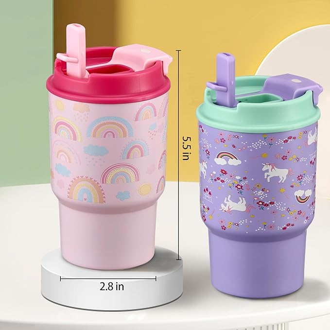 13.5oz Kids Insulated Tumbler with Lid and Straw, BPA-Free Stainless Steel Kids Water Bottle, Leak-Proof& Cupholder Friendly Tumbler for Boys & Girls -2 Pack(Rainbow+Horse) - Bloomnest