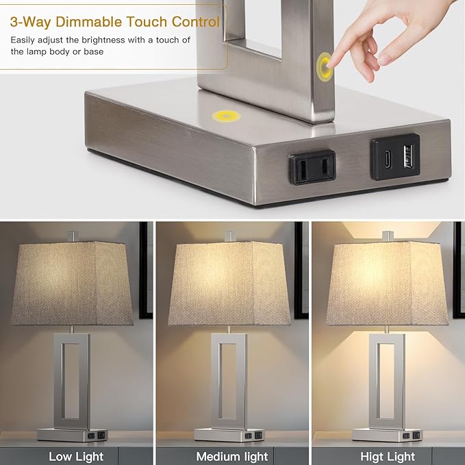 Touch Control Table Lamp Set of 2, Modern Silver Bedside Lamps with USB C+A Ports & AC Outlet, 3 Way Dimmable Bedroom Lamps for Night Stands Bedroom Living Room,Nightstand Lamp - Bloomnest