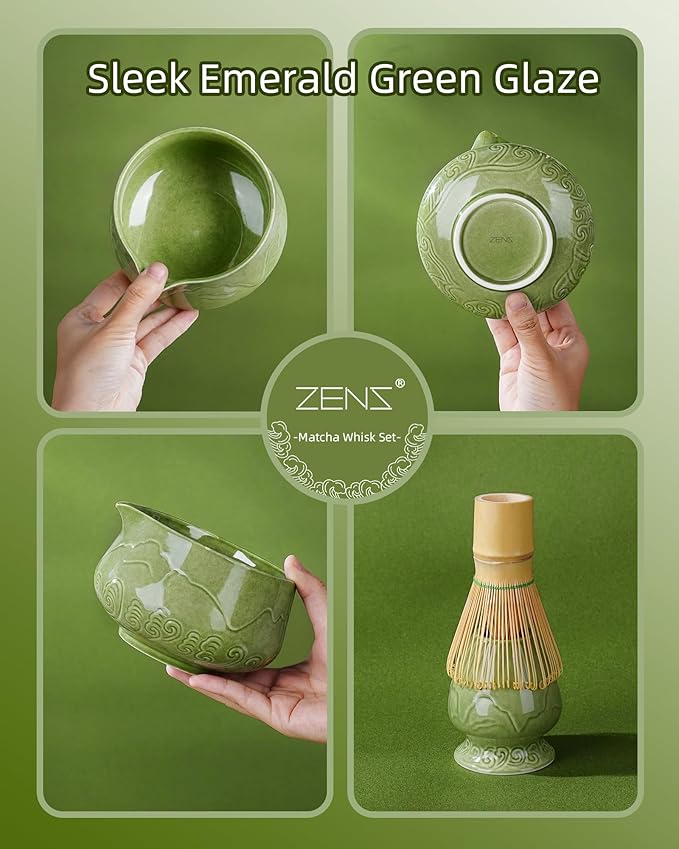 ZENS Matcha Whisk Set, 6Pcs Matcha Kit Set Includes Ceramic Bowl, Bamboo Whisk and Chasen Holder,Scoop, 304 Stainless Sifter & Tea Mat, Matcha Set for Tea Ceremony, Blue - Bloomnest