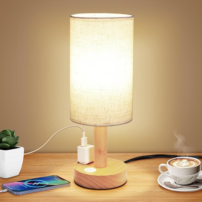 Small Bedside Table Lamp with AC Outlet, Natural Wood Base & Linen Shade, Mini Cute Cozy Warm White Nightstand Boho Lamp, Study Desk Night Stand Light for Bedroom, Kitchen, Nursery, Living Room - Bloomnest
