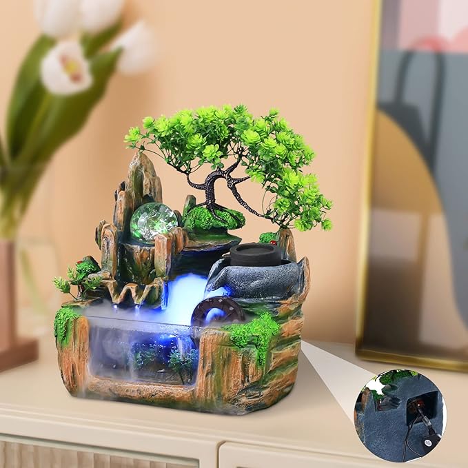 10Inch Bonsai Tree Rock Water Fountains Indoor Tabletop Waterfall Humidifier with LED Light and Atomizer Mist, Desktop Decoration Fake Plants Mini Fish Tank Feng Shui Decor Festival Birthday surprise - Bloomnest