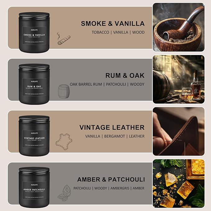 Scented Candles Set | Men Candle Set, 4 Pack Candles for Home, Gifts for Men - Aromatherapy Gifts for Dad Fathers Day, Soy Candle Scent of Smoke & Vanilla/Rum Oak/Vintage Leather/Amber Patchouli - Bloomnest
