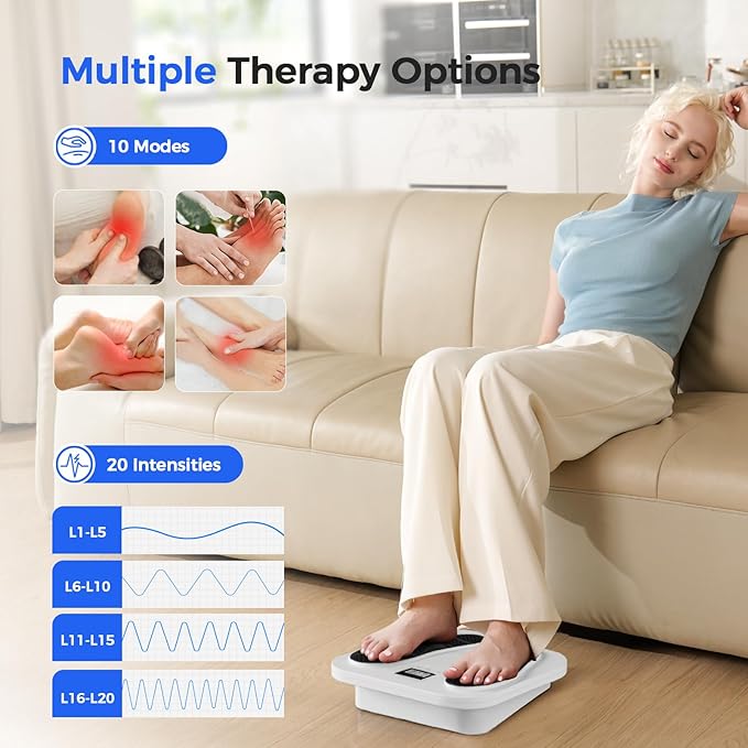 Foot Massager for Neuropathy, Rechargeable TENS EMS Foot Stimulator with 10 Modes 20 Intensities, Feet Circulation Stimulator for Neuropathy, Plantar Fasciitis, Gifts for Mom Dad - Bloomnest