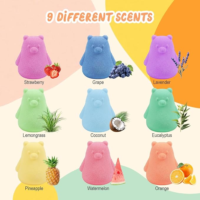 SHUCHING 9 PCS XXL Bear Bath Bombs with Surprise Inside, Natural and Organic Bubble Bath Fizzy Balls for Kids, Birthday Christmas Gifts Set for Boys Girls - Bloomnest