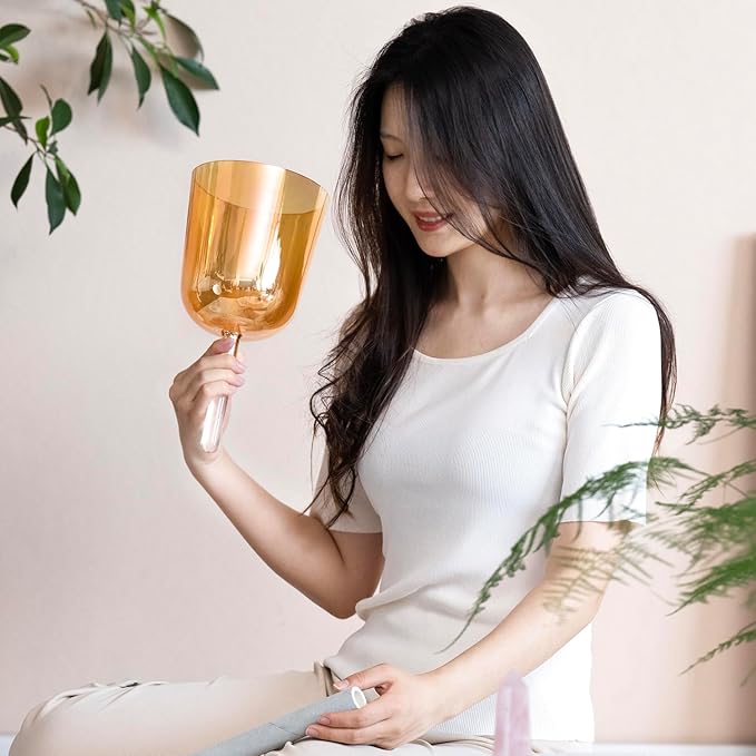 CVNC 432HZ 6 Inch F Note Golden Tea Color Quartz Handle Singing Bowl with Carry Case Bag for Sound Healing and Meditation - Bloomnest