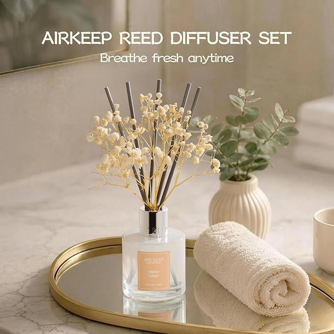 Airkeep Reed Diffuser Set,3.38 fl oz (100 ml) - Fresh Linen Oil Diffusers with 8 Reed Sticks, Home Fragrance Reed Diffuser for Bathroom Shelf Decor Airkeep