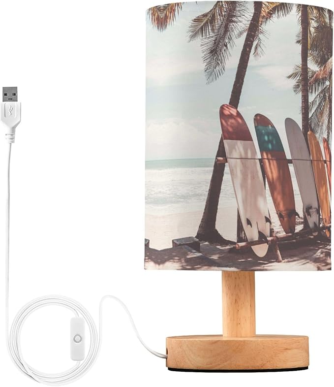 Table Lamp Surfboard Palm Tree on Tropical Beach Retro Summer Ocean Nightstand Lamp with Wood Base Fabric Lamp Shade Bedside Desk Lamp for Living Room Bedroom Kids Room Office - Bloomnest