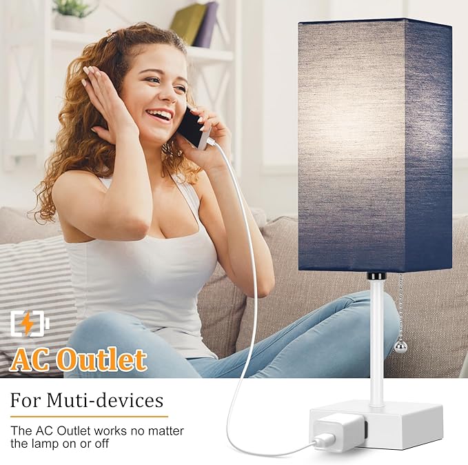 Table Lamp for Bedroom set of 2,3-Color Bedside Lamps with Pull Chain Table Lamps for Nightstand with AC Outlets,Small Night Light Lamps with 2 Bulbs Lamps for Living Room Kids Room Office Decor（Blue） - Bloomnest