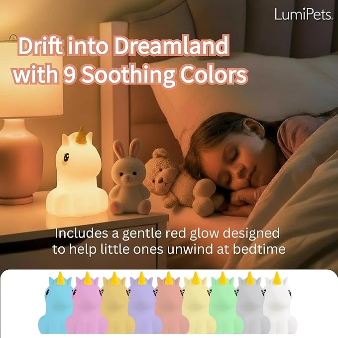 Lumipets Remote Control Silicone Night Light for Kids - Unicorn Design with 9 Soft Colors & Sleep Timer - Rechargeable, Battery-Operated Lamp for Bedroom | Baby Nursery, Toddler, Girls, Boys - Bloomnest