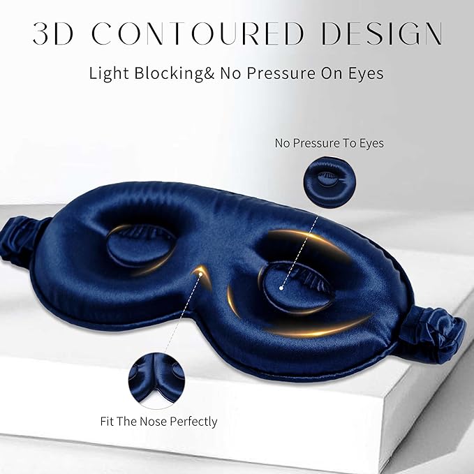 100% 22 Momme Mulberry Silk Sleep Mask, Eye Cover for Sleeping, Blackout 3D Sleep Masks for Lash Extensions with Adjustable Strap for Men and Women (Navy Blue) - Bloomnest