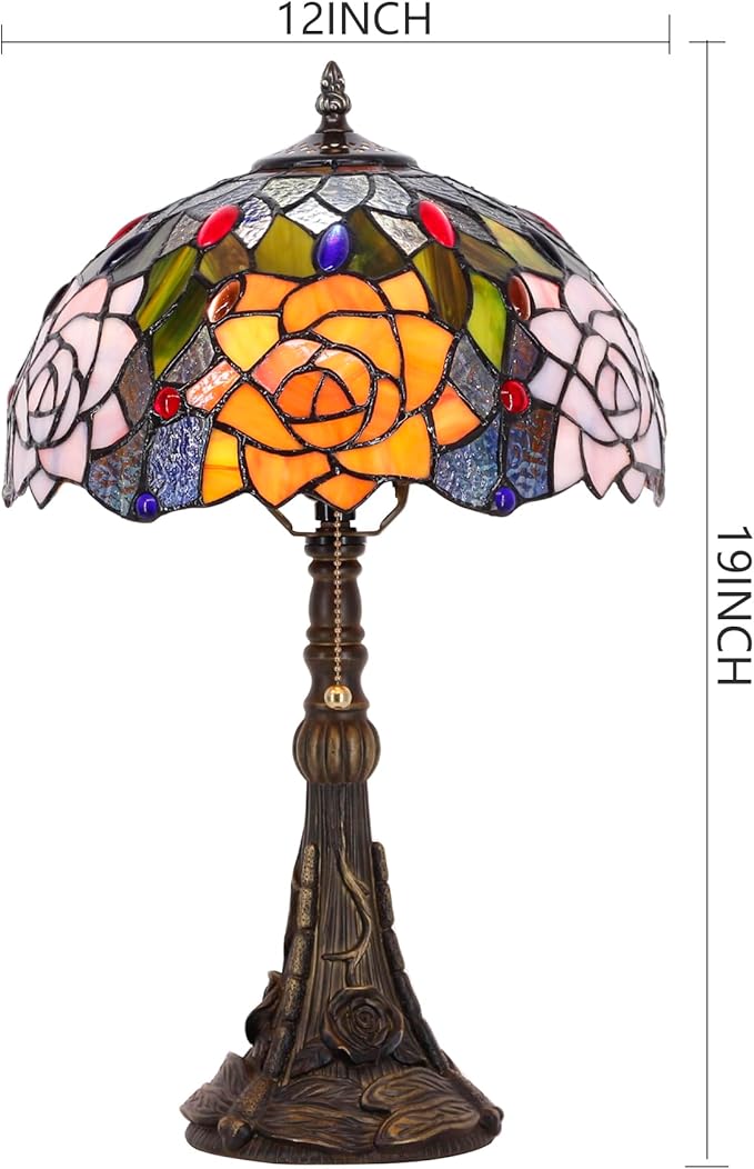 Tiffany Stained Glass Table Lamp 12X12X19 Inch Purple Orange Rose Flower Style Desk Bedroom Living Room Reading Light (Purple Orange Rose Flower) - Bloomnest
