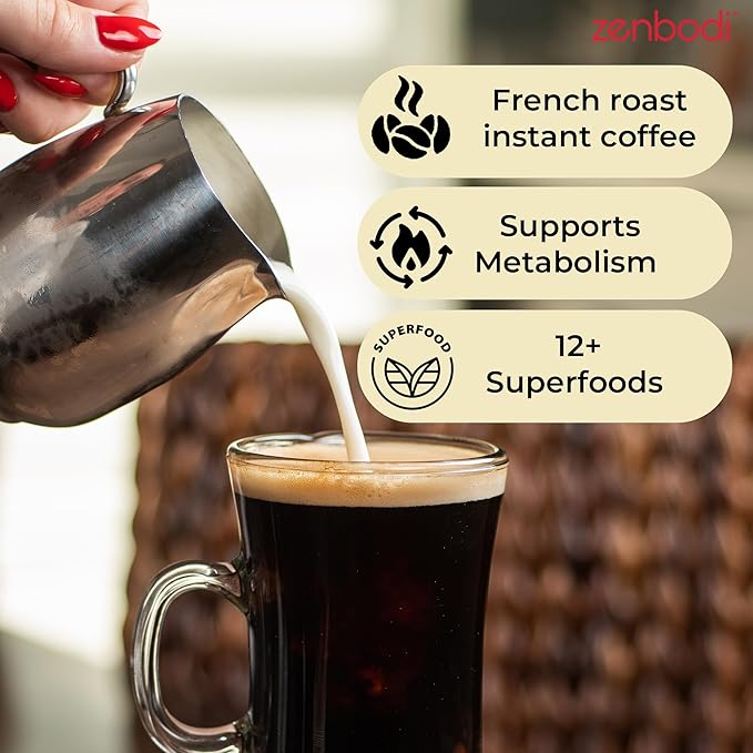 zenbodi Slim Brew French Roast Instant Coffee - 10.5 oz Superfood Coffee, Dietary Supplement, 12 Superfoods Including Maca Root, Panax Ginseng Extract, Turmeric Root, Kale Leaf, and More, 30 Servings - Bloomnest