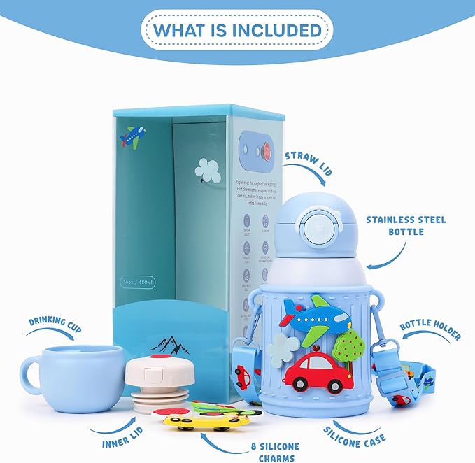 Kids Insulated Tumbler Set – 16oz Stainless Steel Water Bottle with Straw & Pour Lids, Screw-On Cup, Adjustable Strap, Silicone Sleeve & Charms – Leakproof BPA-Free Bottle for Boys & Girls - Bloomnest