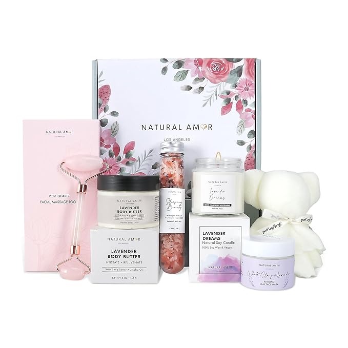 Natural Amor Lavender Spa Gift Set – 6 pcs Handmade Self-Care Kit with Body Butter, Bath Salt, Clay Mask, Candle, Jade Roller & Bear Headband – Relaxation Gift for Women - Bloomnest
