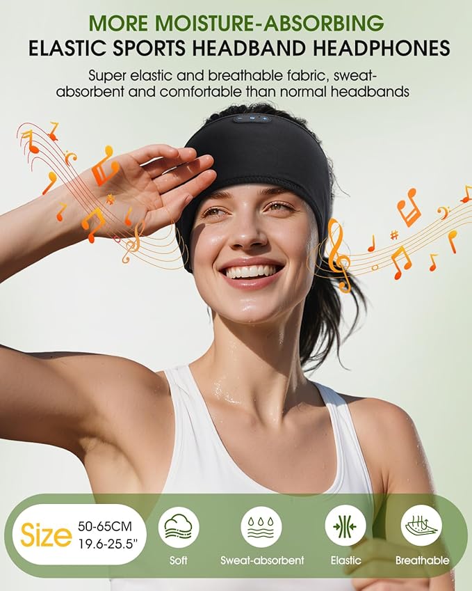 Bamboo Cotton Sleep Headphones,Ultra-Soft Wireless Headband Bluetooth for Side Sleepers, with 14H Playtime & Bluetooth 6.0, 4-in-1 Music Sleep Earphones for side sleeping(BLACK) - Bloomnest